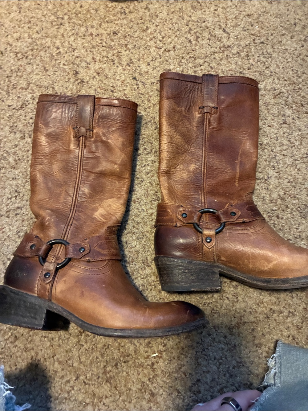 Frye Brown Leather Harness Mid-Calf Combat Boots